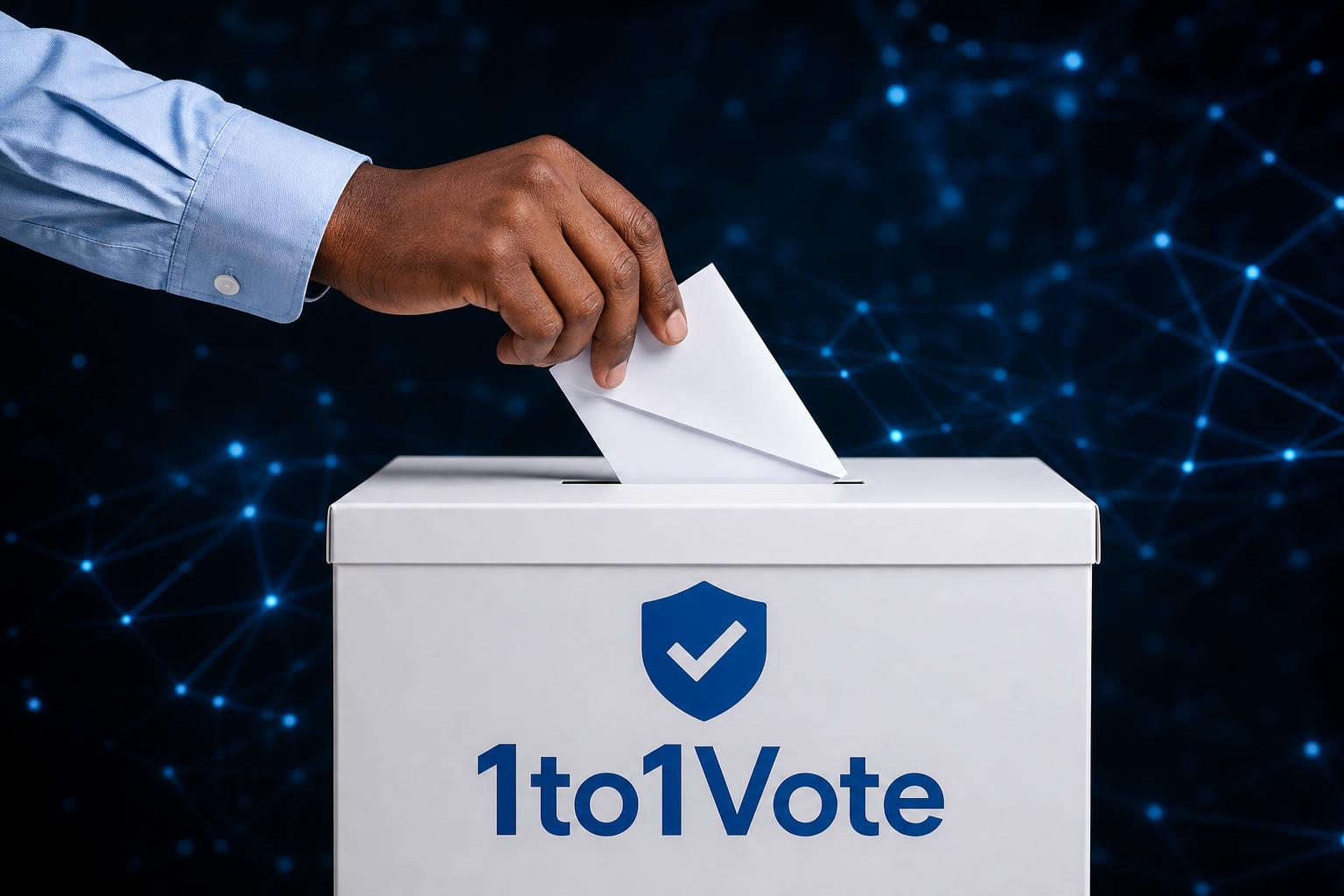 A hand casting a paper ballot into a 1to1Vote blockchain ballot box